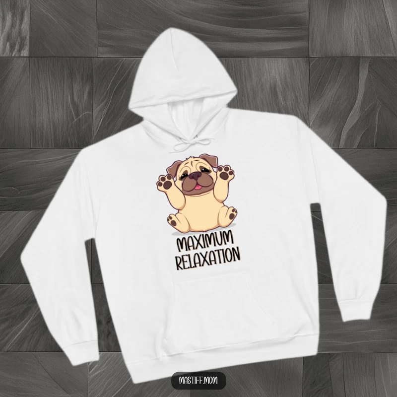Funny Kawaii Mastiff Rolling Onto Back Paws in Air Hoodie, warm pet-themed apparel, cute dog illustration, perfect gift for Mastiff lovers.