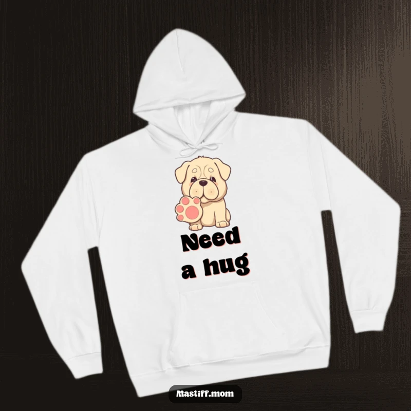Funny Kawaii Mastiff hoodie, gentle eyes, offering a giant paw for shaking, providing cozy warmth with a touch of gentle humor.