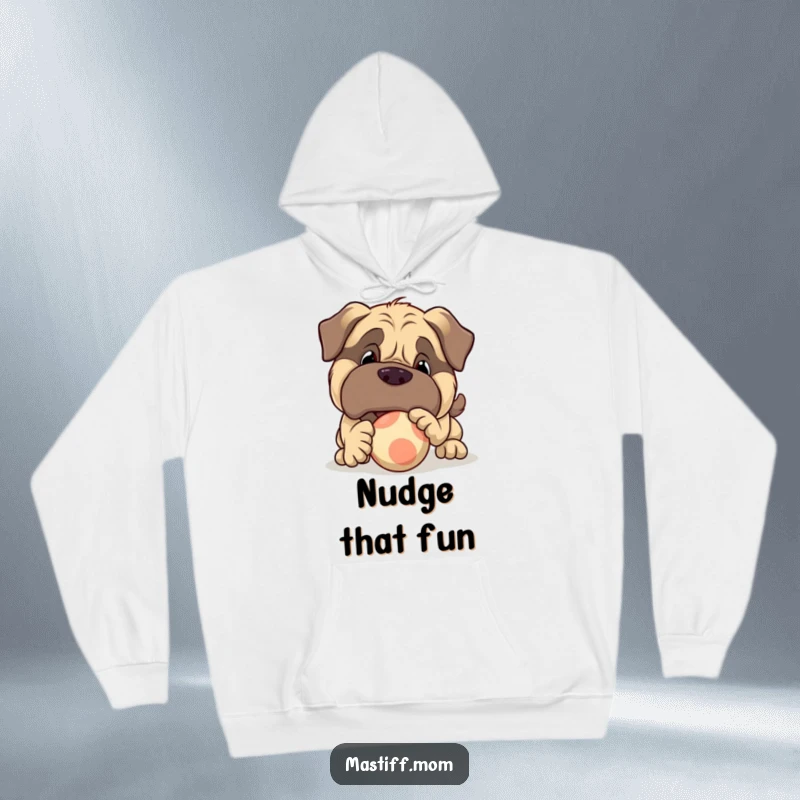 Funny, warm hoodie featuring a large Mastiff character playfully nudging a bouncy ball, perfect for cozy relaxation and dog lovers.