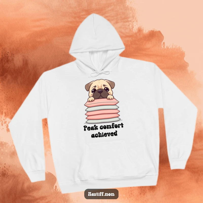 Funny Kawaii Mastiff peeking over a tall stack of cushions, featured on a cozy hoodie, a warm funny gift.