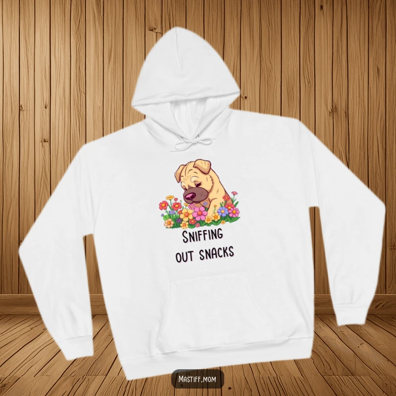 Funny Kawaii Mastiff Hoodie: Cute dog enjoying colorful flowers, exuding curiosity and a humorous, heartwarming vibe.