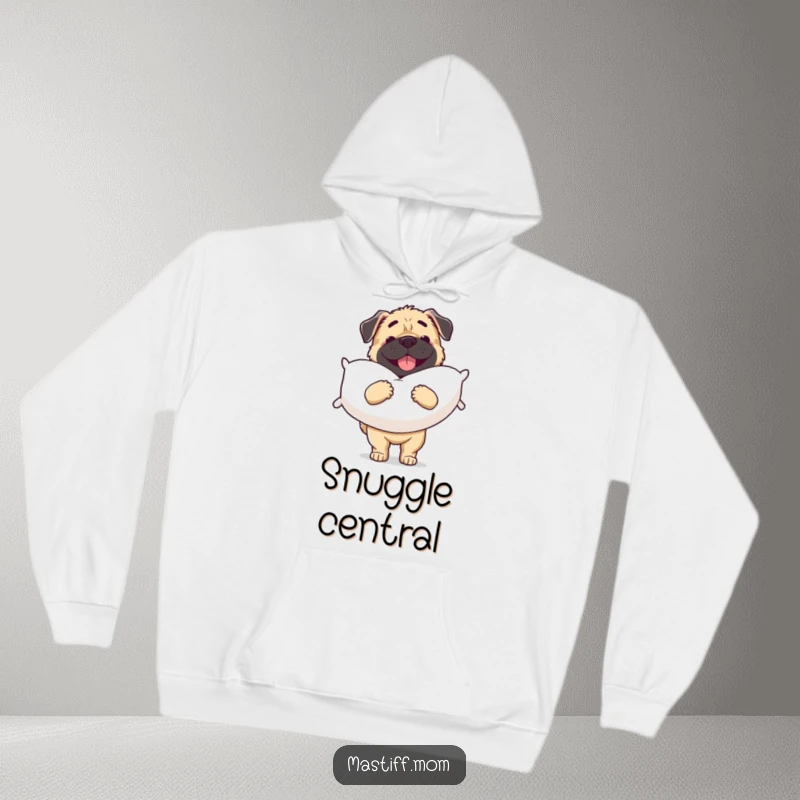 Funny Mastiff hoodie depicting a cheerful dog carrying a wonderfully large, soft pillow, perfect for ultimate relaxation.