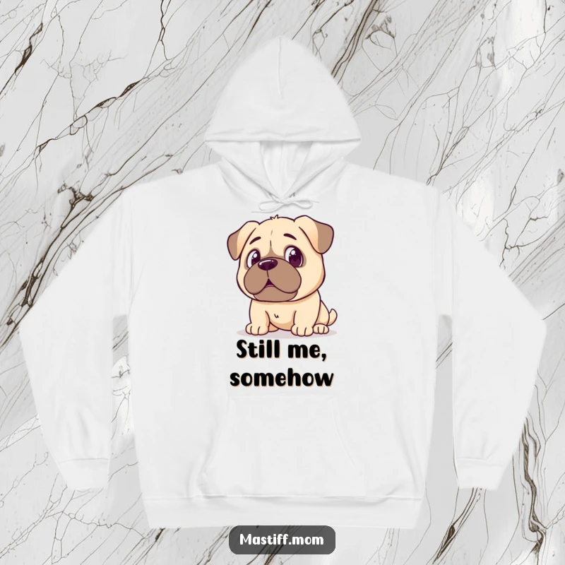 Funny Kawaii Mastiff Hoodie, depicted with a surprised expression at its reflection, perfect for cozying up. A humorous and warm apparel item.