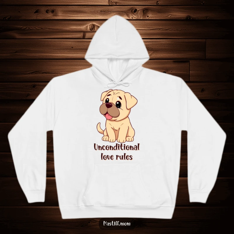 Funny Mastiff dog looking with pure adoration and a wagging tail, featured on a warm hoodie.