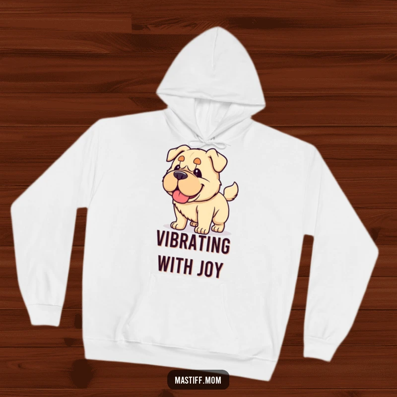 Funny Kawaii Mastiff hoodie, depicting a dog panting happily and wagging its tail with immense force, radiating pure exuberant energy.