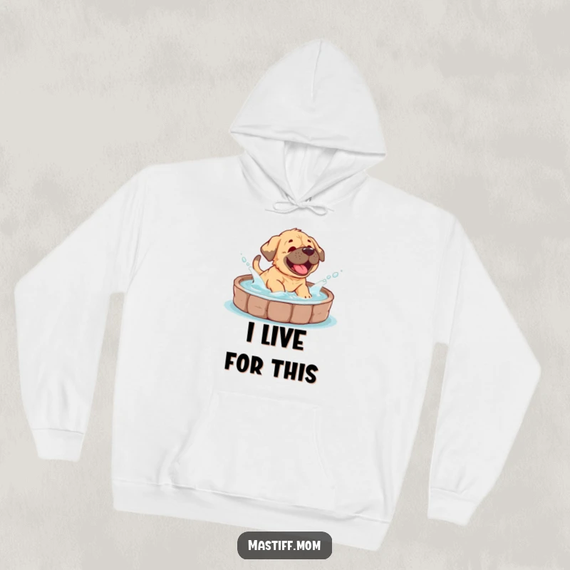 Funny Mastiff cub hoodie showing a puppy joyfully splashing water, embodying pure, unadulterated fun and excitement.