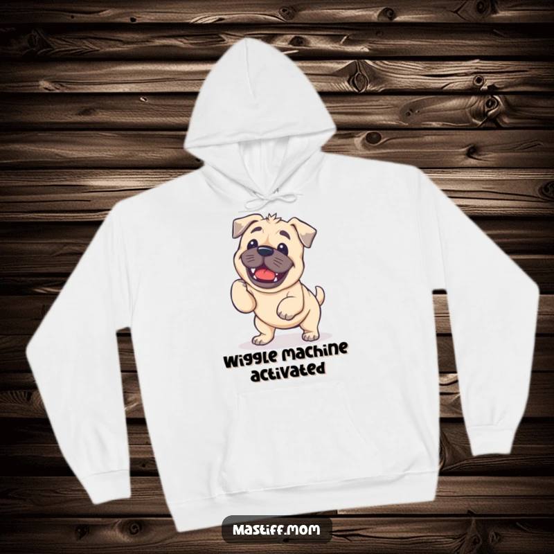 Funny Kawaii Mastiff Hoodie showcasing a charming dog in the midst of a delightful, wobbly wiggle.