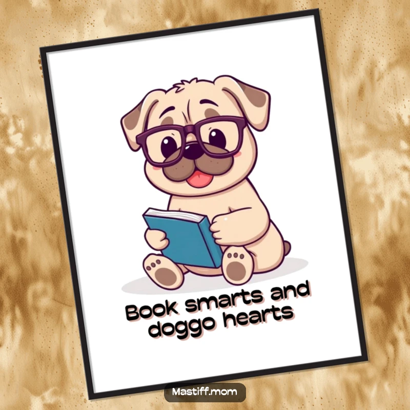 Funny free printable wall art: A content Mastiff in reading glasses sits with an open book, radiating calm and quiet humor.