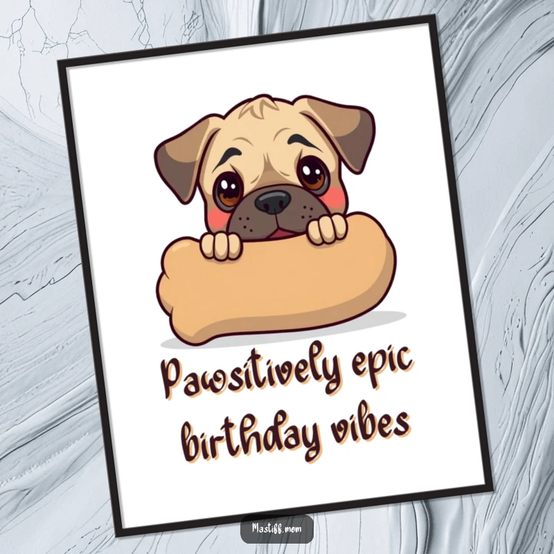 Funny free printable wall art: Kawaii mastiff puppy peeking playfully from behind an enormous chew toy, bringing laughter to your walls.