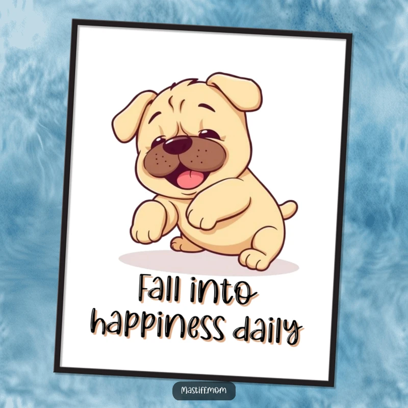 Funny Free Printable Wall Art: A kawaii mastiff puppy captured mid-happy, clumsy tumble, radiating pure, unadulterated joy.