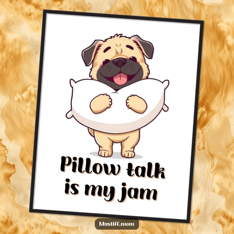 Funny free printable wall art: A delightful Mastiff carrying a supersized pillow, radiating warmth and playful energy for your decor.