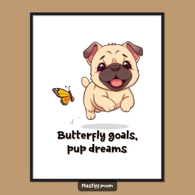 Free Printable Wall Art: Kawaii Mastiff Joyfully Chasing Tiny Butterfly