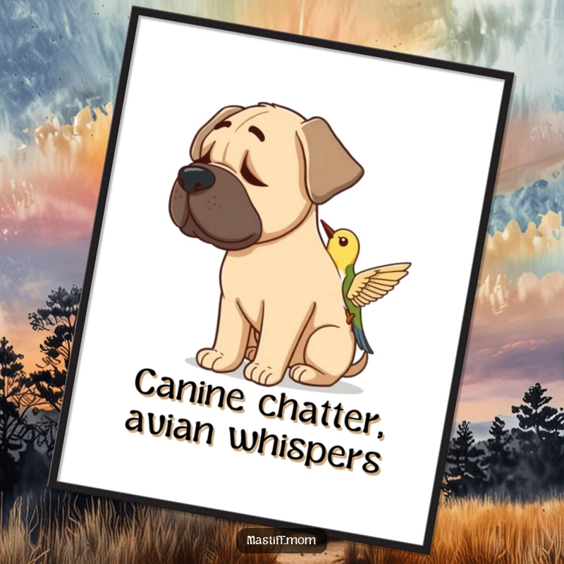 Funny Free Printable Wall Art: A Mastiff tilts its head, listening intently to the chirping song of a small bird.
