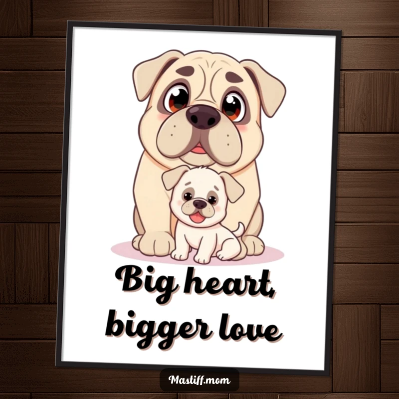 Funny Free Printable Wall Art: Kawaii Mastiff with loving eyes gently nudging a small, happy puppy.