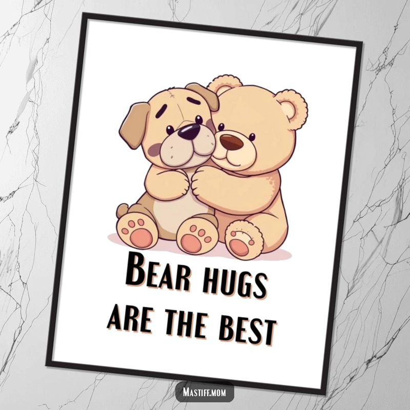Funny Free Printable Wall Art: A large Mastiff tenderly nudging a giant teddy bear, showcasing playful affection. Heartwarming pet and plush art.
