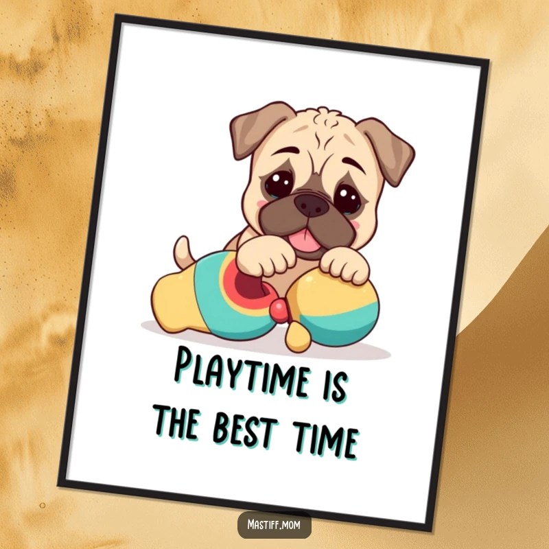 Funny Free Printable Wall Art: Kawaii Mastiff Puppy Playfully Nudging a Toy, Whimsical and Heartwarming Art