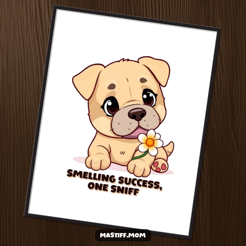 Funny free printable wall art: A playful Mastiff with warm, kind eyes gently offers a single bloom, radiating sweetness.