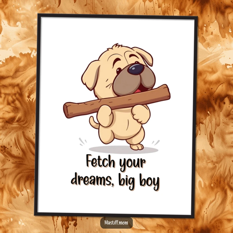 Funny Free Printable Wall Art: Kawaii Mastiff mid-fetch with an oversized stick, radiating pure joy.