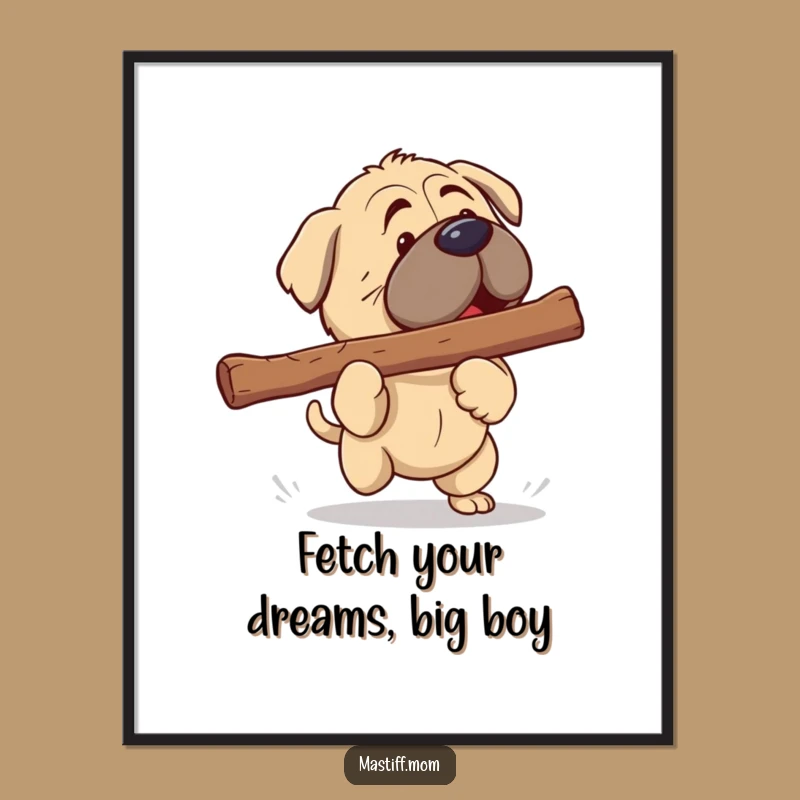 Funny Free Printable Wall Art: Kawaii Mastiff Fetching Giant Stick!