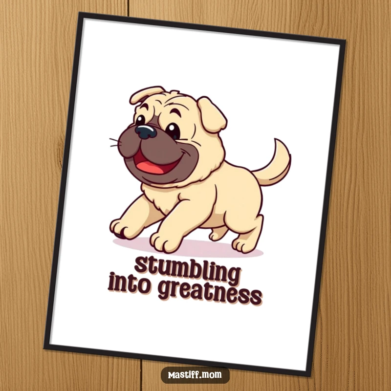 Funny Free Printable Wall Art: A kawaii mastiff performing a delightfully clumsy, joyful stumble with its tail wagging madly.