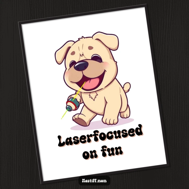 Funny Free Printable Wall Art: A kawaii mastiff with a happy pant, adorably mid-chase after a bright red laser pointer dot.