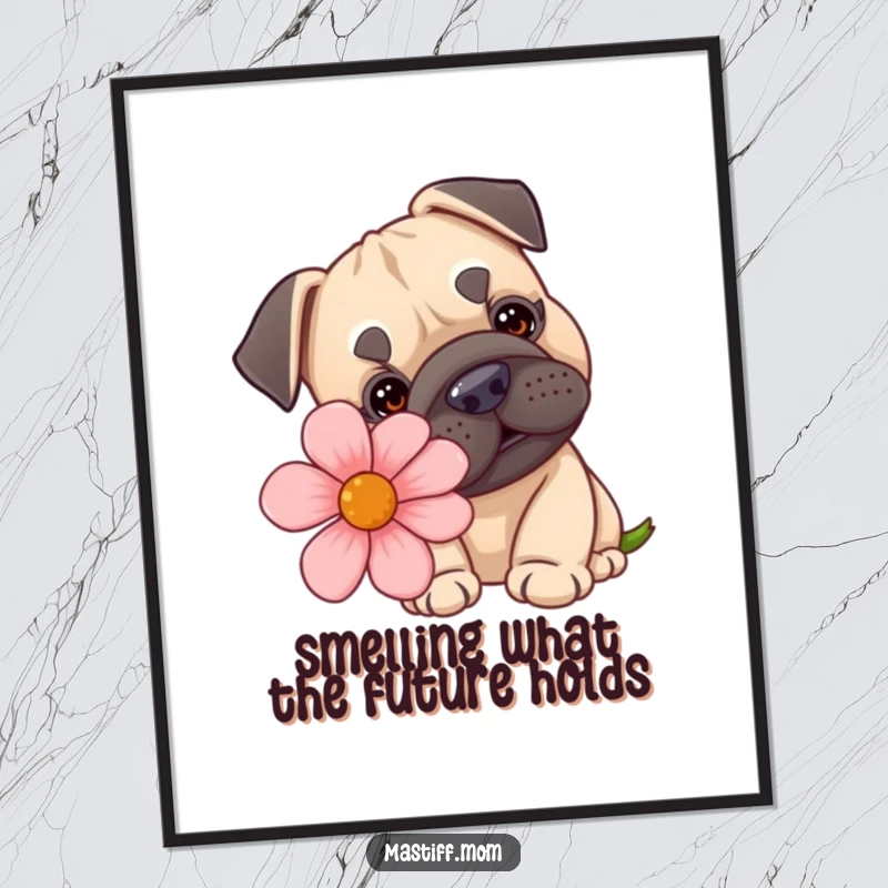 Funny Free Printable Wall Art: A kawaii Mastiff intently sniffing a comically large, colorful flower for a humorous vibe.