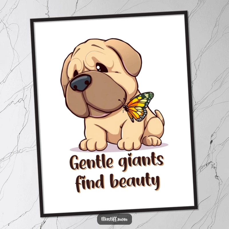Funny Free Printable Wall Art: A giant, gentle Mastiff happily nuzzling a tiny, fluttering butterfly.