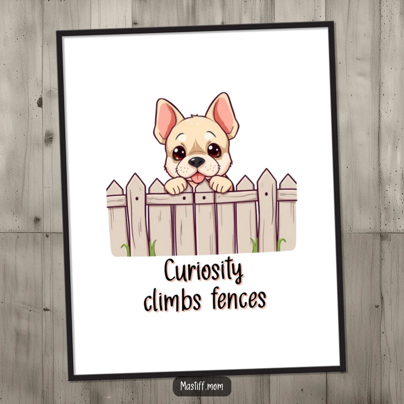 Funny Free Printable Wall Art: A playful Mastiff character peeking over a comically low fence, creating a humorous scene.