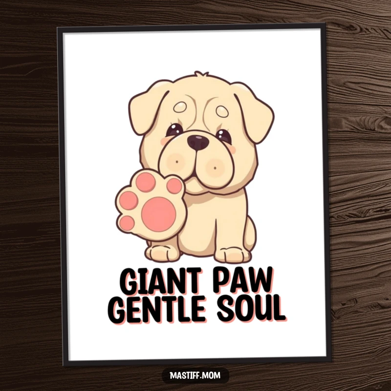 Funny free printable wall art: A large kawaii Mastiff with soulful, gentle eyes offers its giant paw invitingly for a shake.