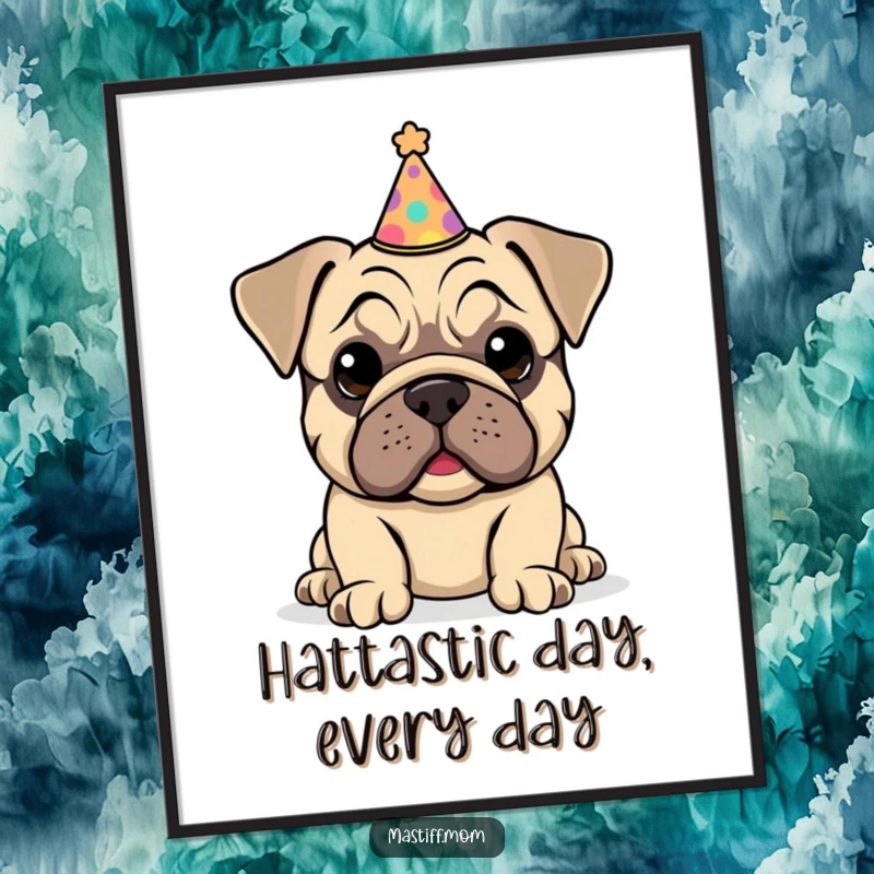 Funny Free Printable Wall Art: A kawaii mastiff puppy sporting a tiny, slightly crooked party hat, adding festive charm to your room.