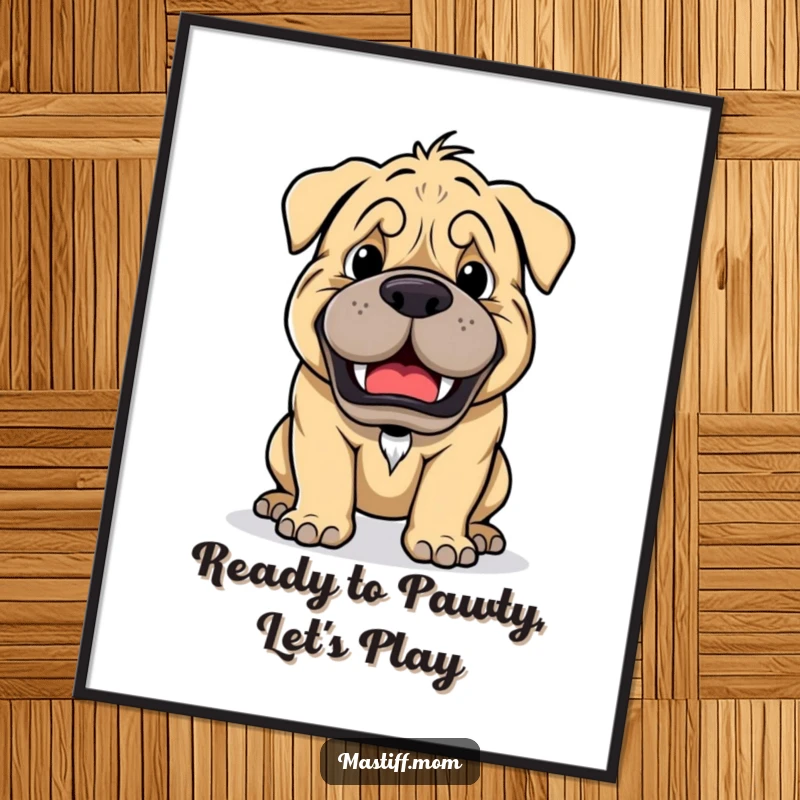 Funny Free Printable Wall Art: A friendly Kawaii mastiff with a mischievous, playful growl, beckoning you to join in a game.