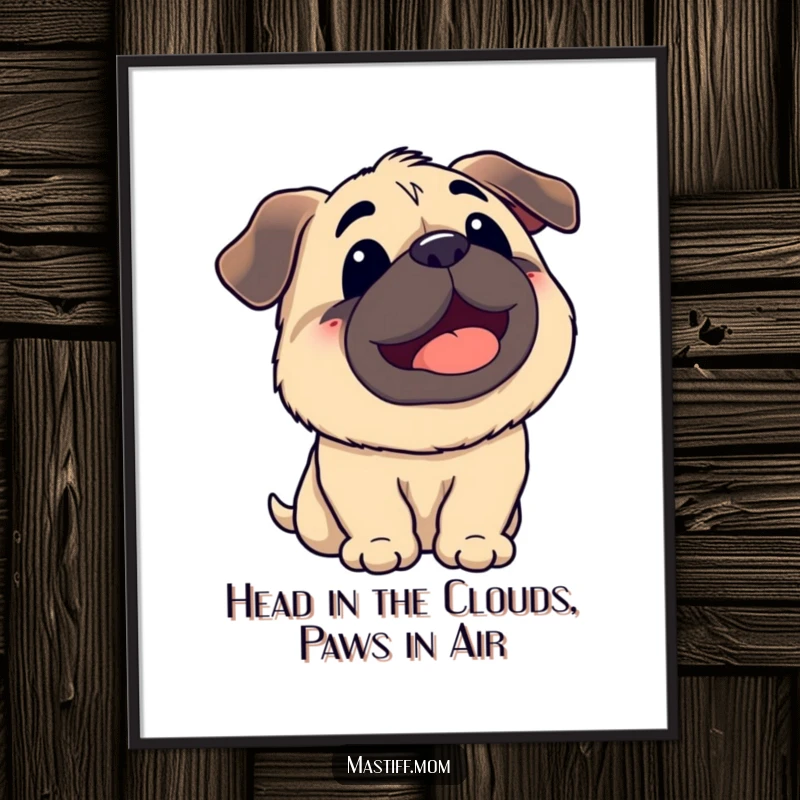 Funny Free Printable Wall Art: A happy, panting Kawaii mastiff with its head tilted back, gazing contentedly at the sky.