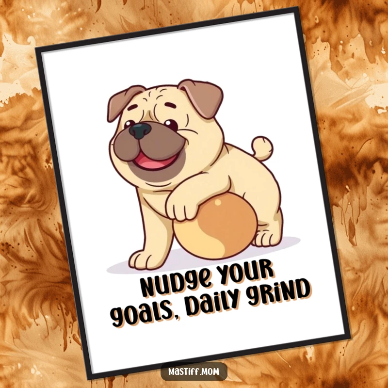 Funny Free Printable Wall Art: Large, happy Mastiff playfully nudging a rolling ball, full of cheer.