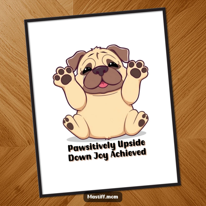 Funny Free Printable Wall Art: A delighted Kawaii mastiff rolling freely on its back with all four paws playfully in the air.