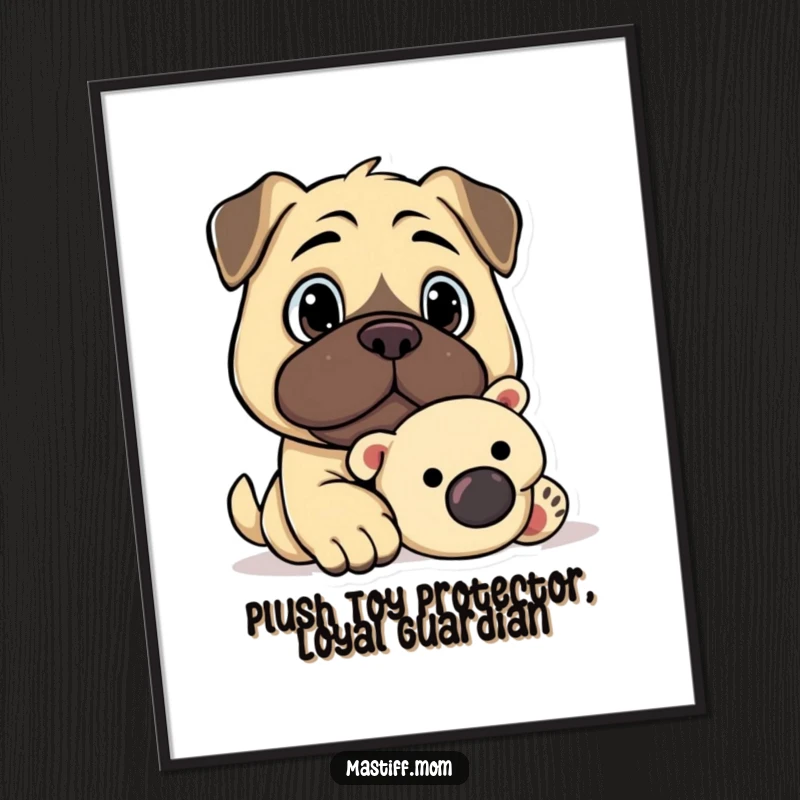 Funny Free Printable Wall Art: A loyal Kawaii mastiff with a watchful, protective gaze, guarding a soft plush toy faithfully.