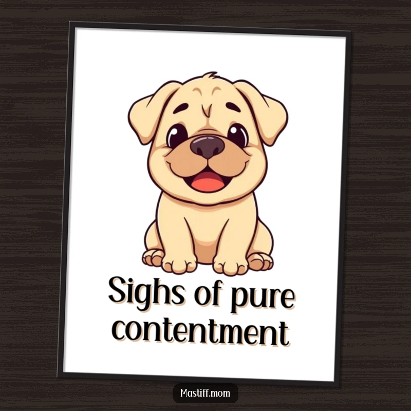 Funny free printable wall art: A stylized, smiling Mastiff exhales a gentle, happy sigh, radiating pure contentment.