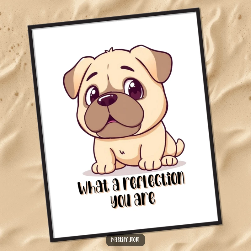 Funny Free Printable Wall Art: Kawaii Mastiff with a shocked expression, staring at its own reflection, humorous dog art.