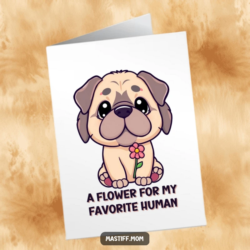 Funny Free Printable Birthday Card: Kawaii Mastiff with a gentle gaze offering a tiny flower, conveying sweet birthday wishes.
