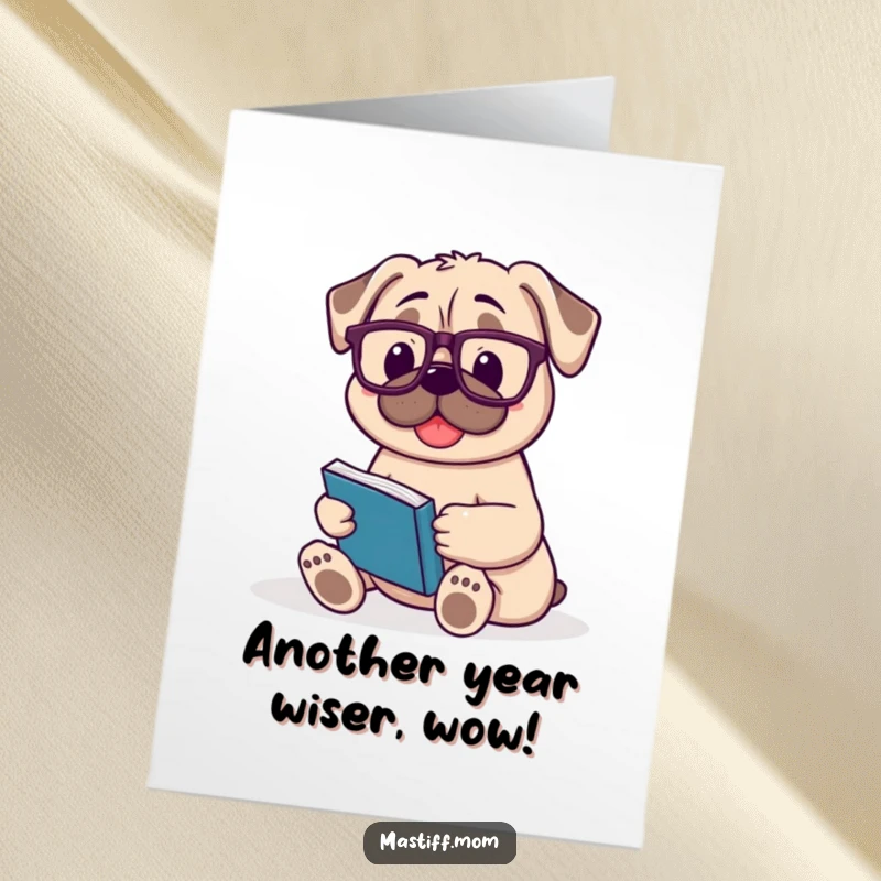 Funny free printable birthday card: A happy Mastiff sits contentedly wearing reading glasses, engrossed in a book for a birthday wish.