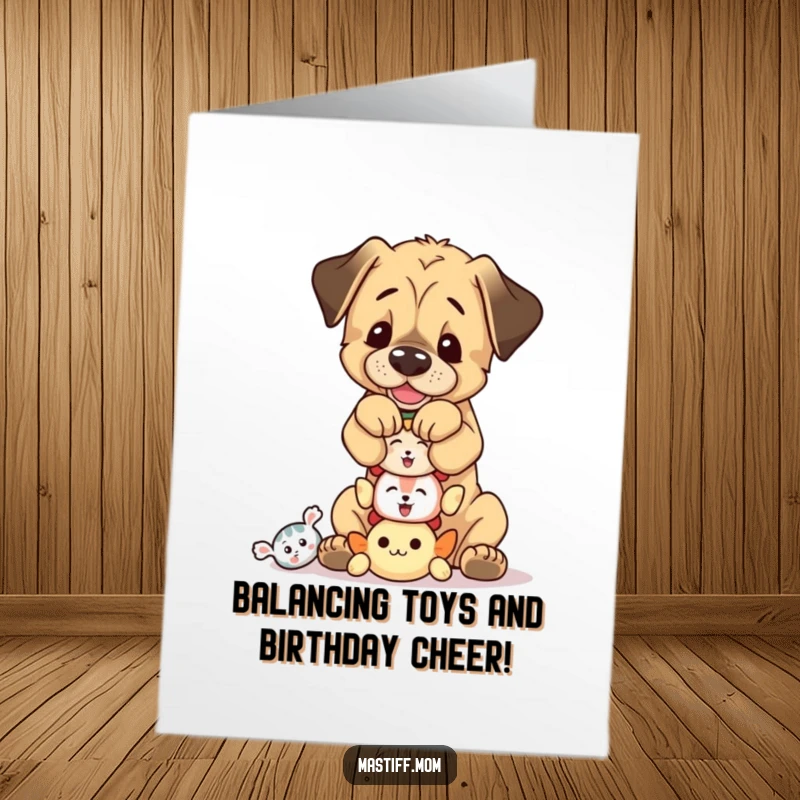 Funny Free Printable Birthday Card: A playful Mastiff cub balances a tall stack of very small squeaky toys.