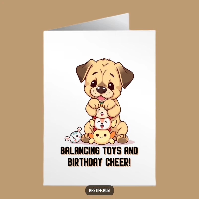 Free Printable Birthday Card: Mastiff Cub Balances Tiny Squeaky Toys for Birthday Fun