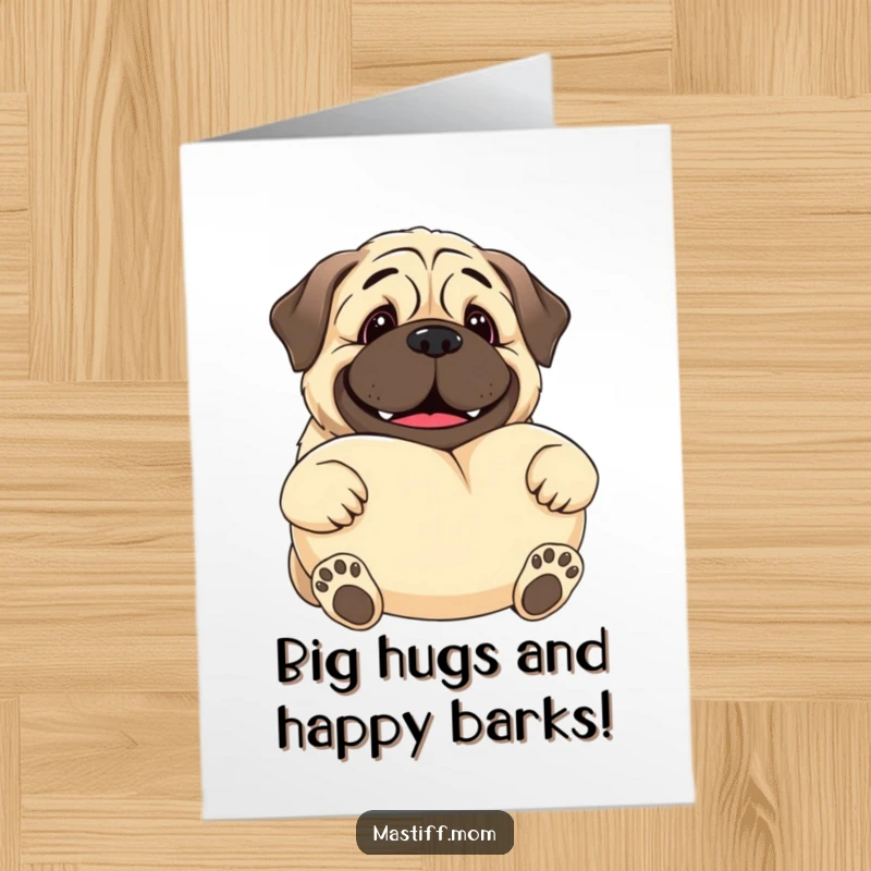 Free Printable Birthday Card: Kawaii mastiff with a massive smile gently offering a giant, plush pillow, perfect for hugs.