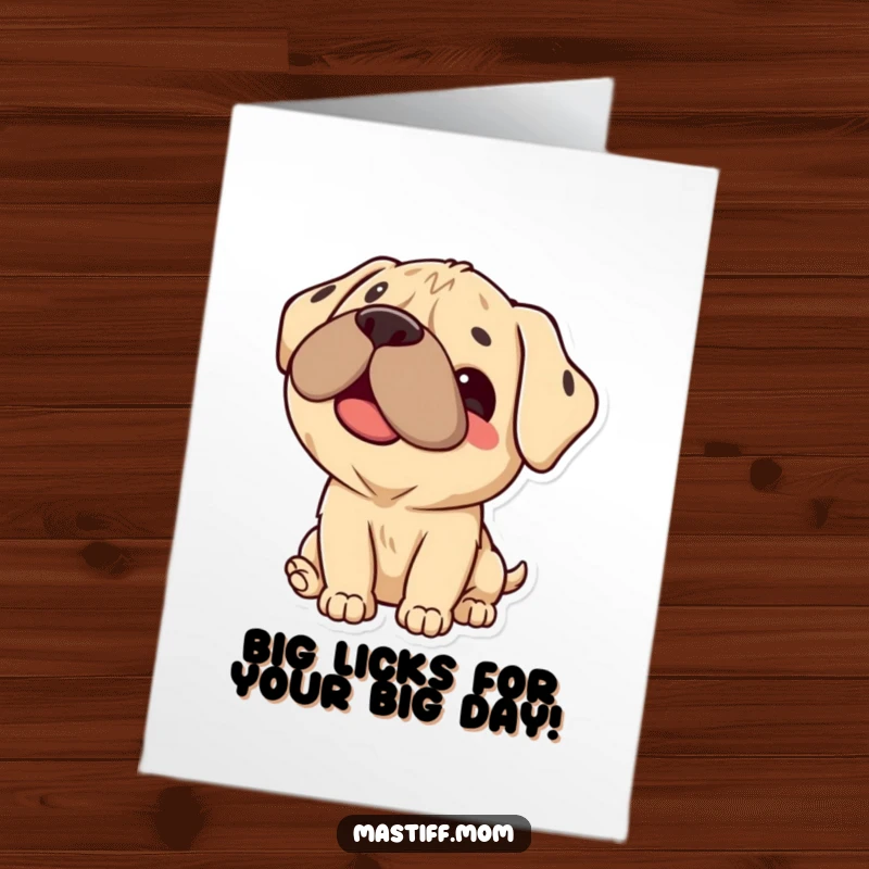 Funny Free Printable Birthday Card featuring a kawaii Mastiff dog giving a happy, gentle lick with a big pant.
