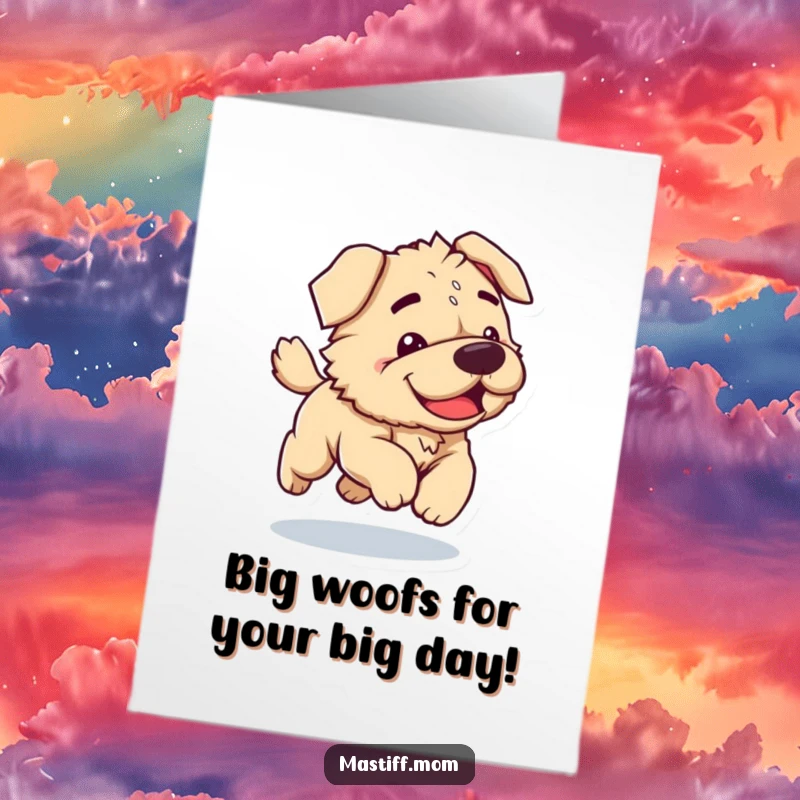 Funny Free Printable Birthday Card: Adorable Kawaii Mastiff clumsily bounding with pure joy, perfect for laughs.