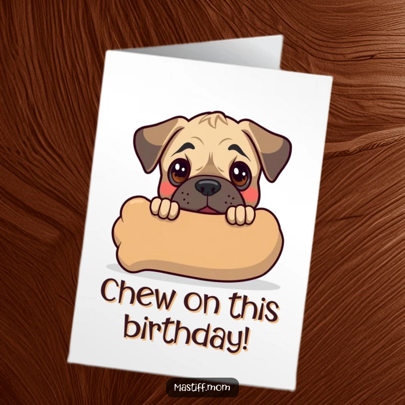 Funny free printable birthday card: Kawaii mastiff puppy peeking guiltily from behind a massive chew toy, ready for a party.