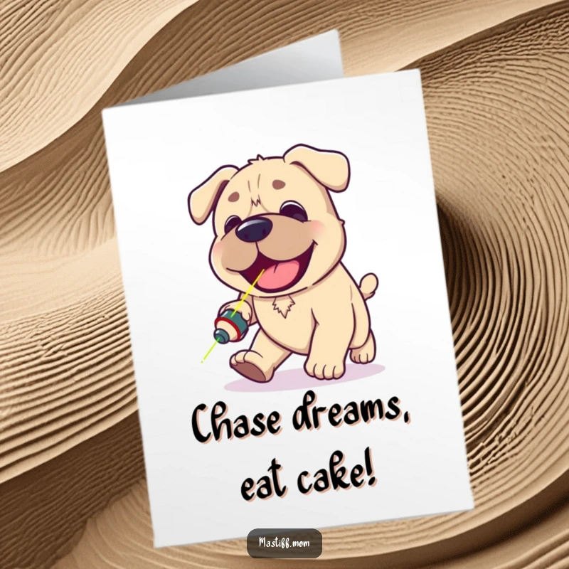 Free Printable Birthday Card: Kawaii mastiff joyfully pants while adorably chasing a red laser dot across the floor.