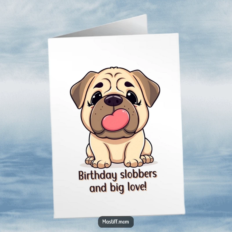 Funny Free Printable Birthday Card: Kawaii Mastiff giving a giant, slobbery kiss with a loving nudge.