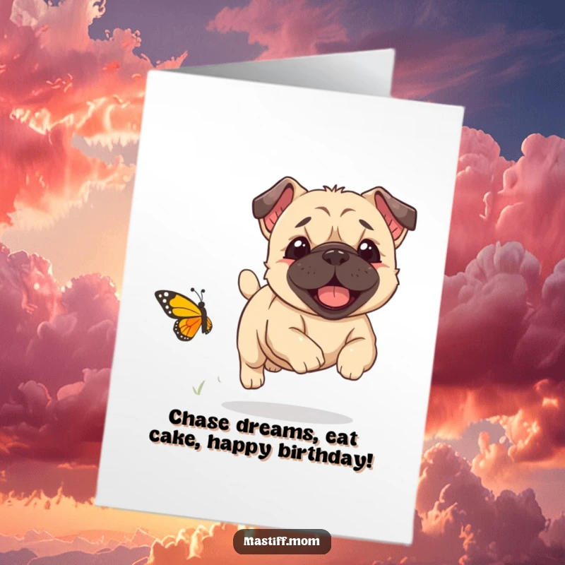 Funny Free Printable Birthday Card: Kawaii Mastiff puppy joyfully chasing a comically small butterfly with boundless enthusiasm.