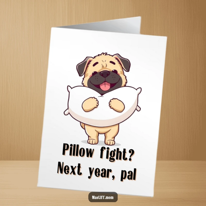 Funny free printable birthday card: A joyful Mastiff carries a giant pillow, ready for a cozy, hilarious celebration.
