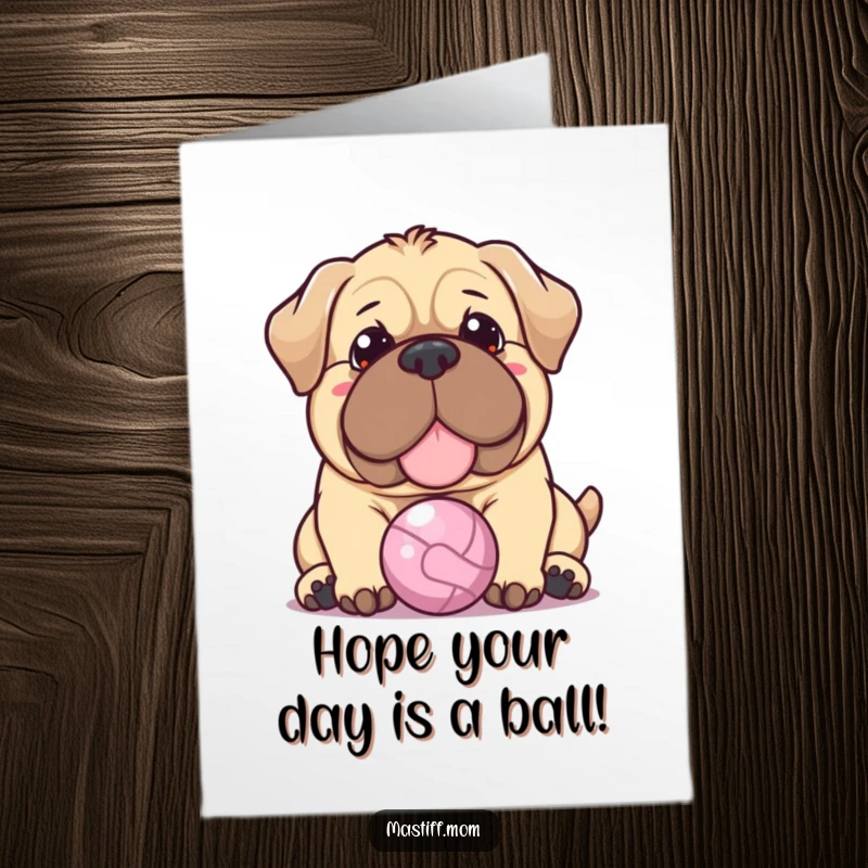 Funny Free Printable Birthday Card: Adorable Kawaii Mastiff with a warm expression nudging a tiny ball.